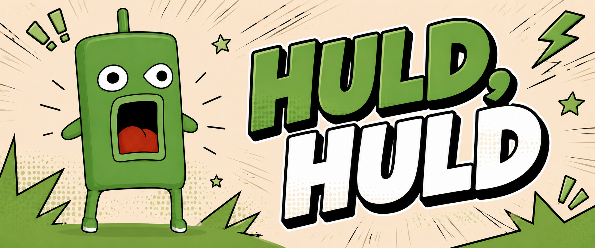 HULD, HULD — the green candle wordmark and mascot