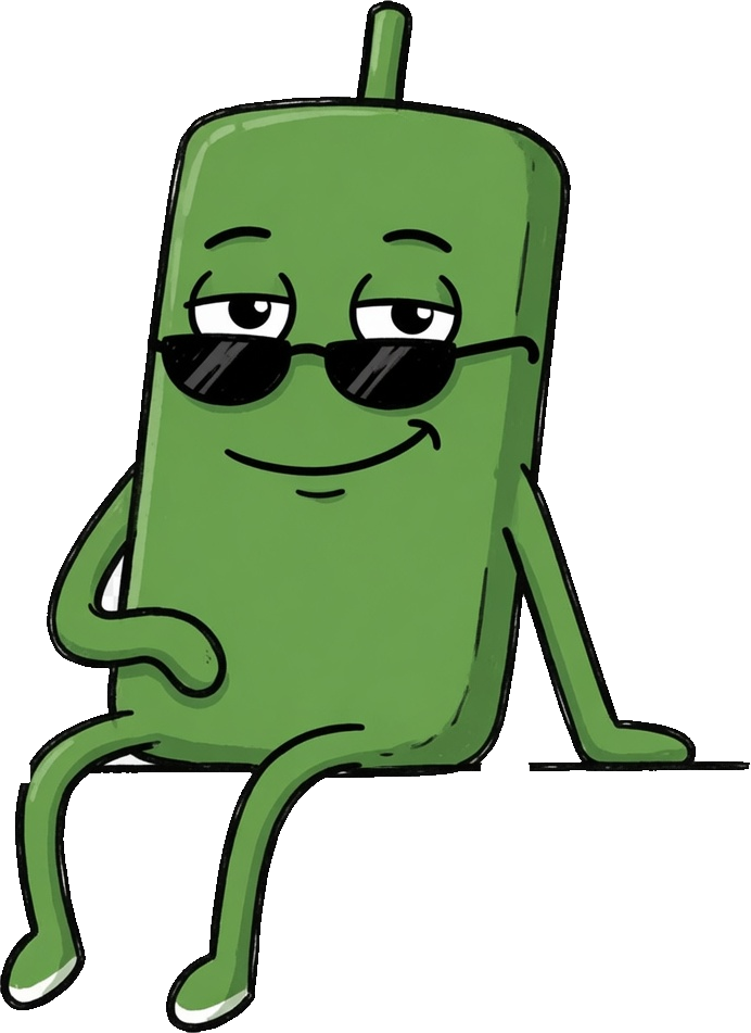 The HULD green candle in sunglasses, sitting back and chilling on the top edge of its own price chart.